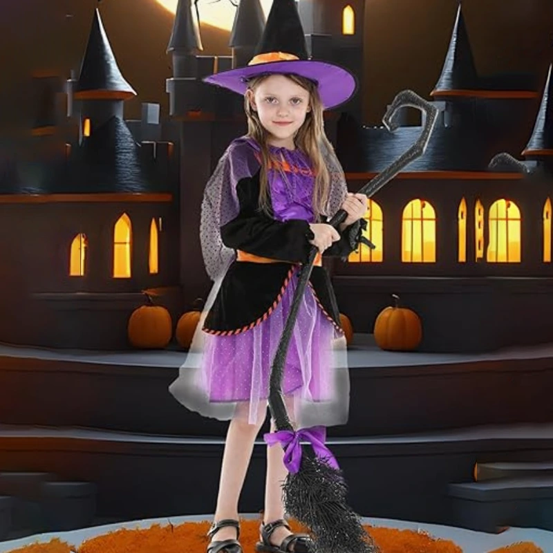 Costume de sorcière pour enfants du défilé d'Halloween avec cape scintillante