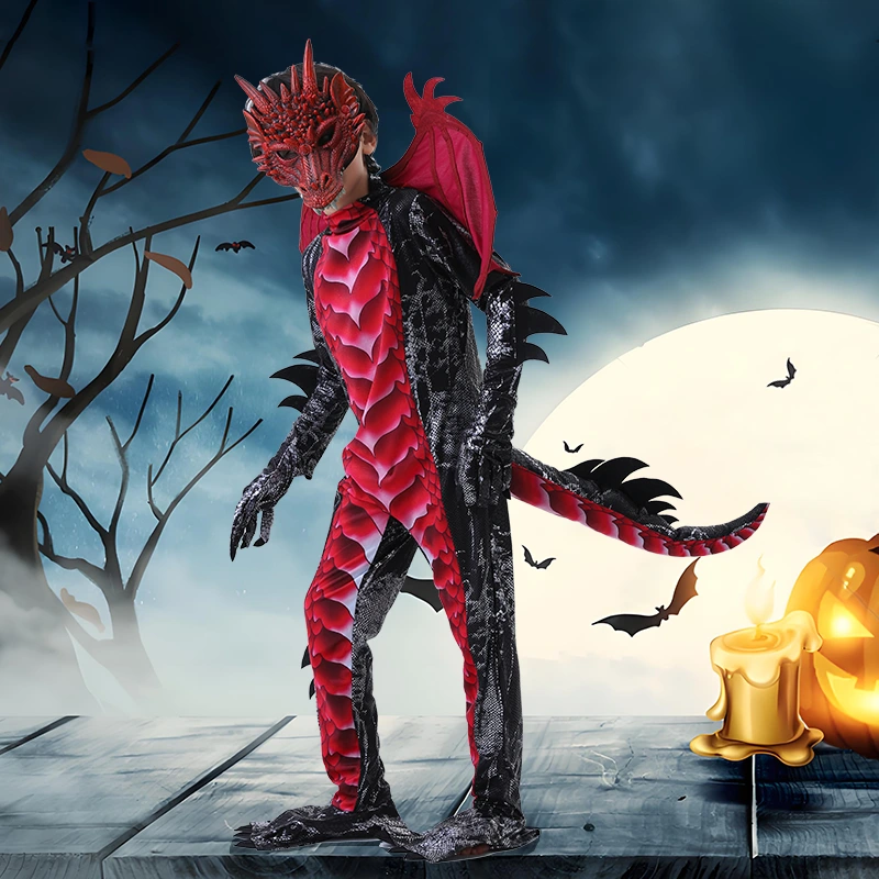 Costume de dragon rouge et bleu pour séance photo d'Halloween pour enfants